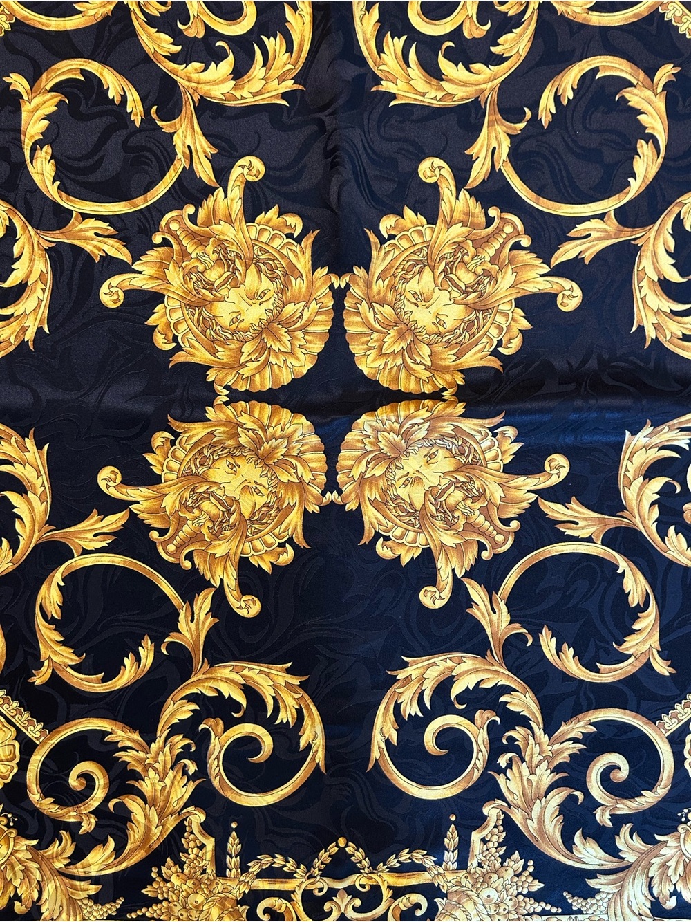 Vintage Italian Silk Scarf Black Gold Baroque Scroll Print Square 33x33 - Picture 6 of 9